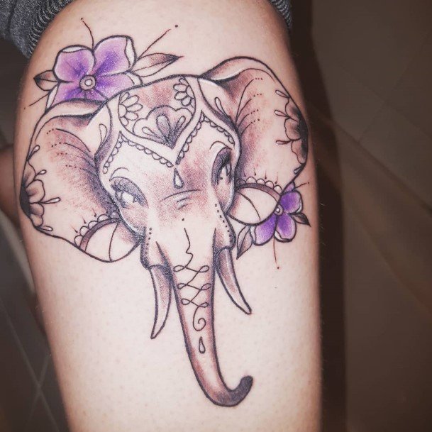 Womens Legs Purple Orchids And Elephant Tattoo