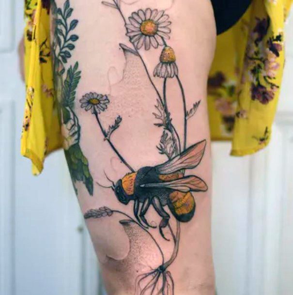 Womens Legs Realistic Bee And Flowers Tattoo