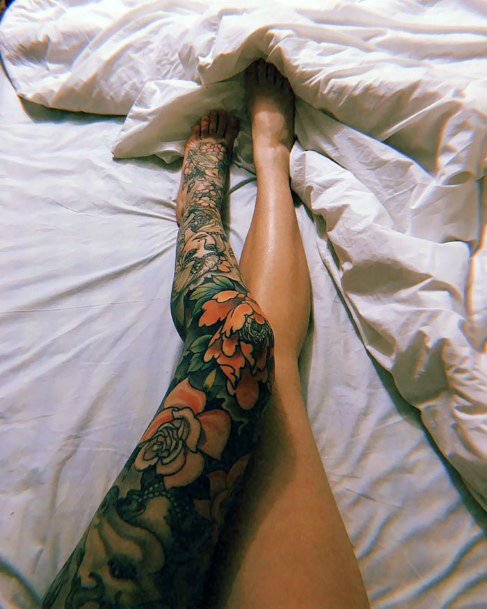 Womens Legs Red Flowers Black Tattoo