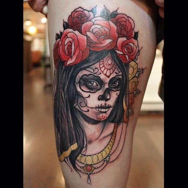 Womens Legs Red Roses Crowned Face Cool Tattoo