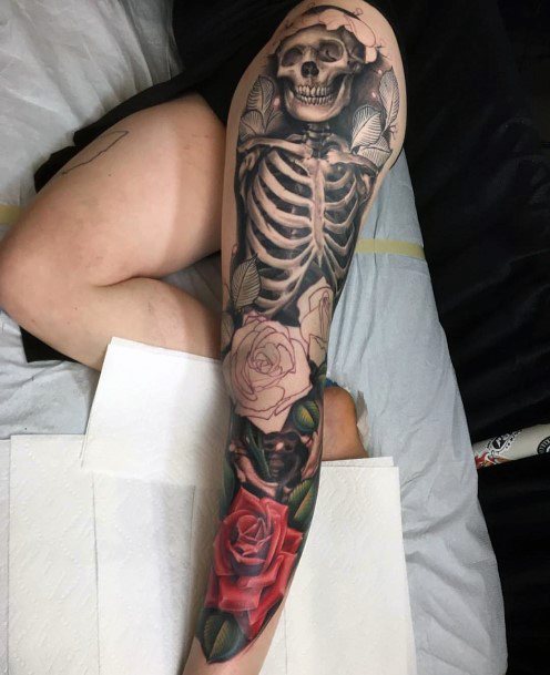 Womens Legs Skull And Rose Tattoo