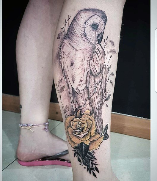 Womens Legs Yellow Rose And Owl Tattoo