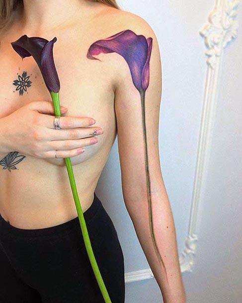 Womens Long Stemmed Amethyst Floral Tattoo Shoulder