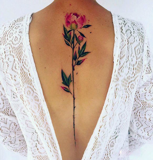 Womens Long Stemmed Rose Tattoo Spine