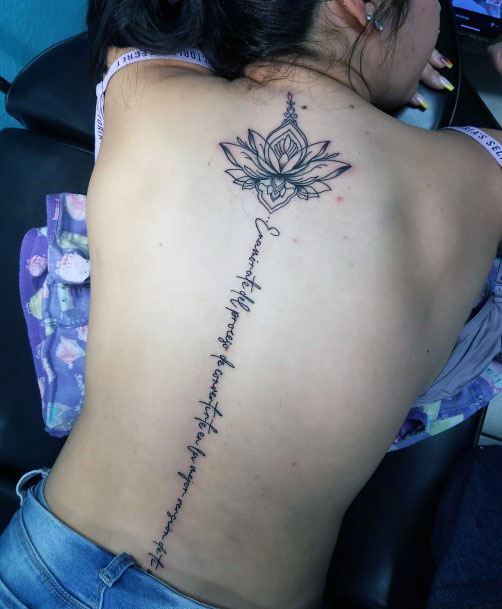 Womens Lotus And Wordings Tattoo Spine