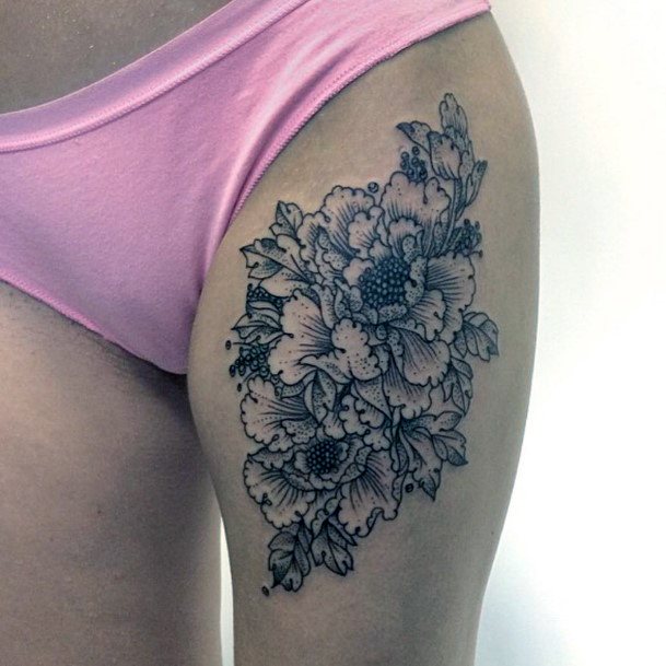 Womens Lovely Grey Blooms Tattoo Leg