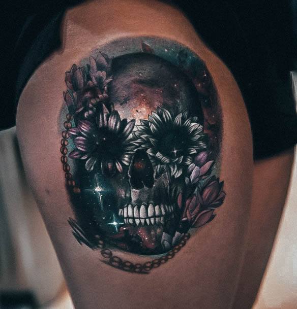 Womens Lovely Skull Flower Galaxy Tattoo Ideas