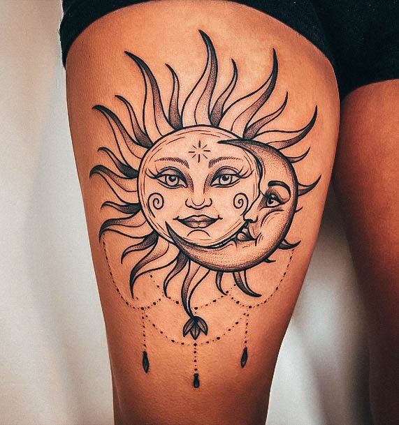 Womens Lovely Sun And Moon Tattoo Ideas Thigh