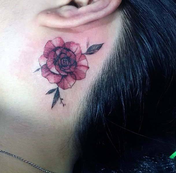 Womens Magenta Rose Tattoo Behind The Ear