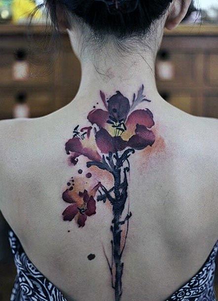 Womens Maroon Flower Water Color Tattoo Back