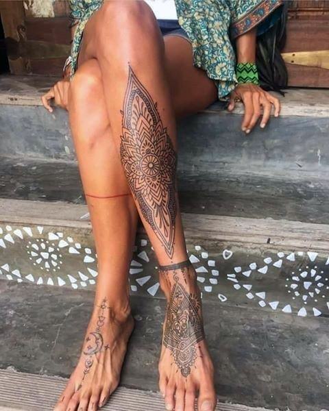 Womens Mehendi Design Tattoo Leg