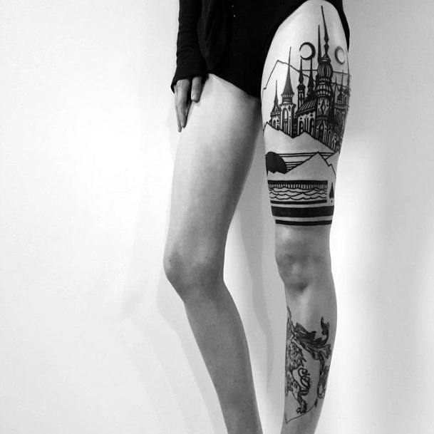 Womens Moonlight And Palace Tattoo Legs