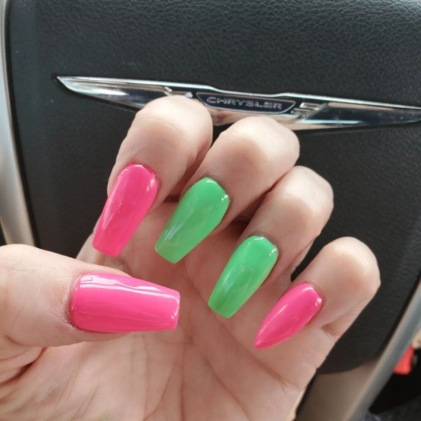 Womens Nail Ideas With Green And Pink Design