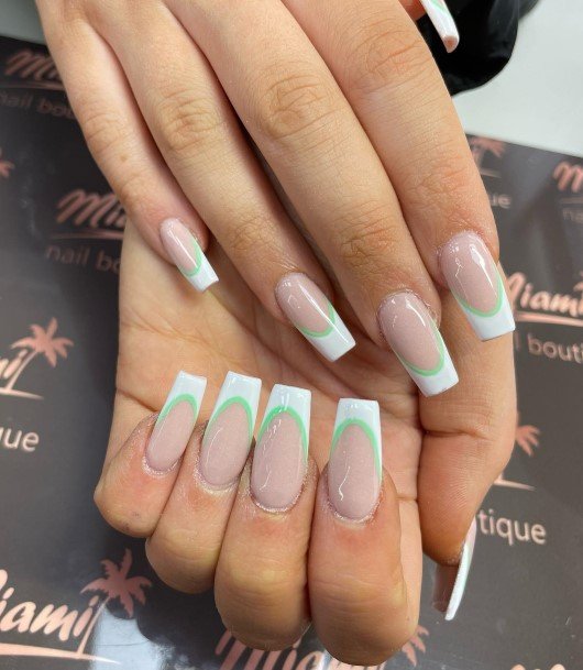 Womens Nail Ideas With Green And White Design