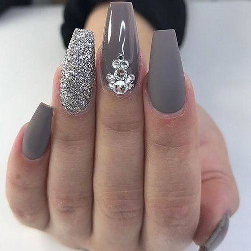 Womens Nail Ideas With Grey With Glitter Design