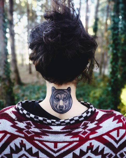 Womens Neck Back Bear Tattoo