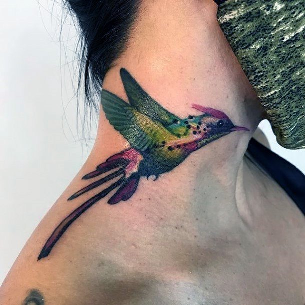 Womens Neck Emerald Hummingbird Tattoo