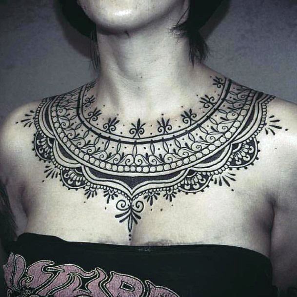 Womens Neck Laced Design Tattoo On The Chest