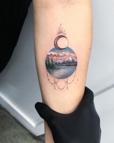 Womens New Moon And Horizon Tattoo Forearms