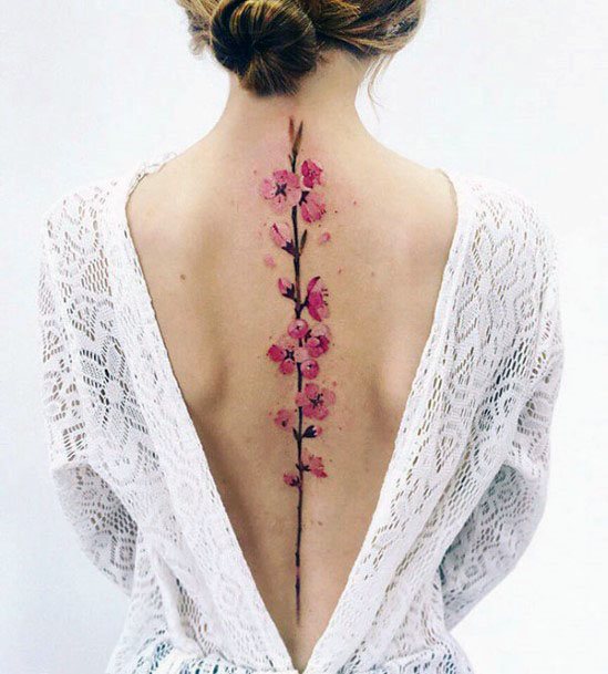 Womens Pink Florals Tattoo Spine