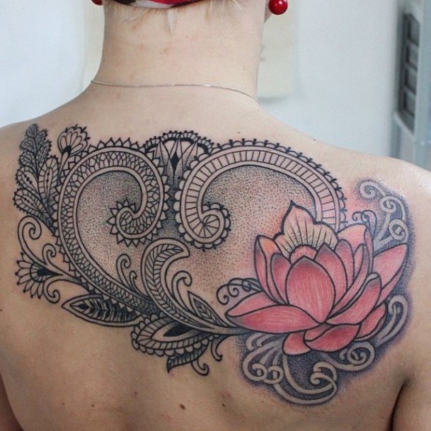 Womens Pink Lotus And Curved Art Tattoo Back