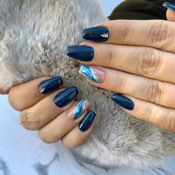 Womens Pitch Black Nails With Blue Water Nails Accent