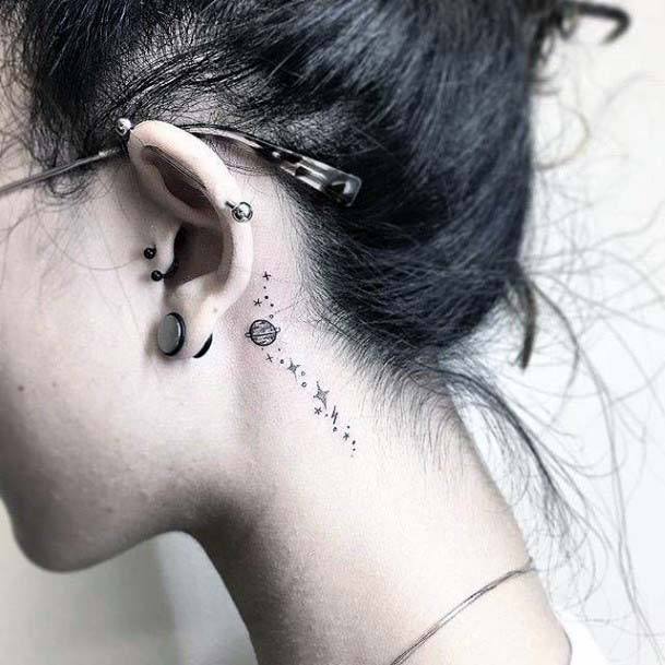 Womens Planet And Stars Tattoo Behind The Ear