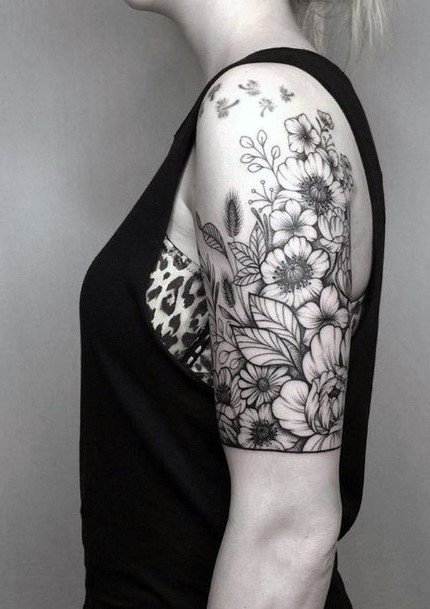 Womens Pleasing Flowers Grey Tattoo Half Sleeve