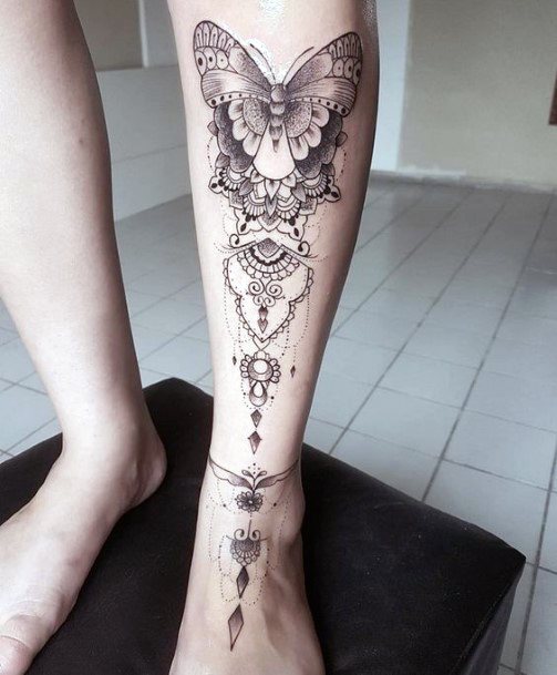 Womens Pretty Butterfly And Chain Tattoo Legs