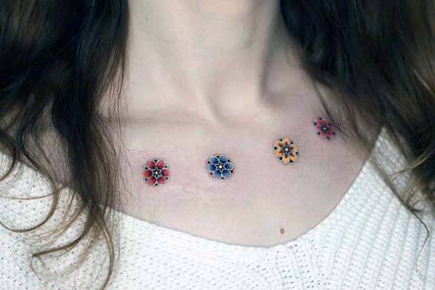 Womens Pretty Colored Flowers Tattoo Collarbone