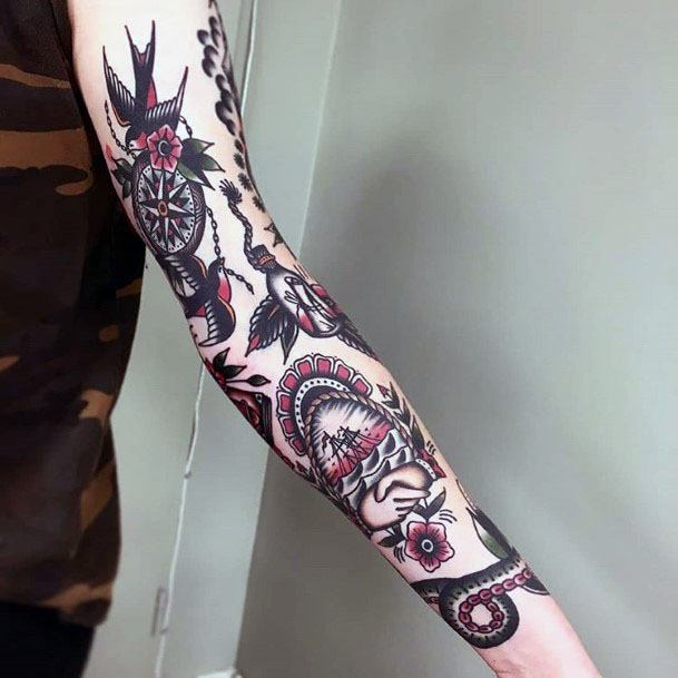 Womens Pretty Full Sleeves American Traditional Tattoo