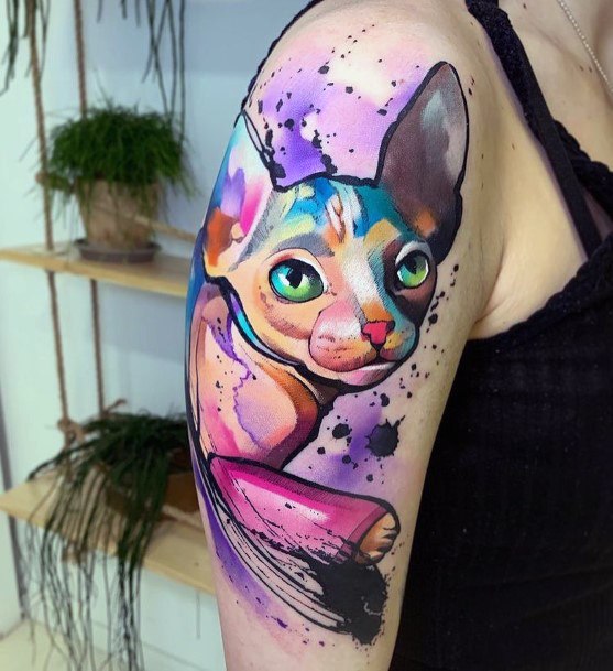 Womens Purple And Pink Cat Tattoo Arms Watercolor