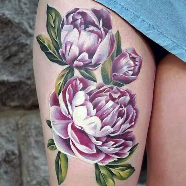 Womens Purple Florals Thigh Tattoo