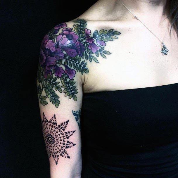 Womens Purple Flower And Mandala Tattoo Shoulders