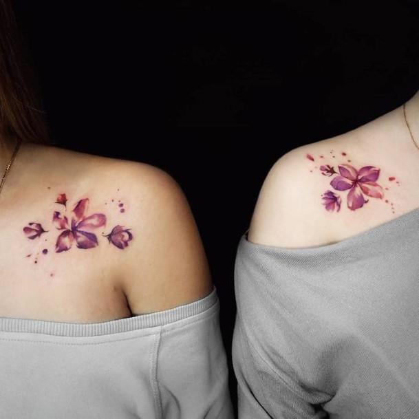 Womens Purple Flowers Matching Tattoo Shoulder