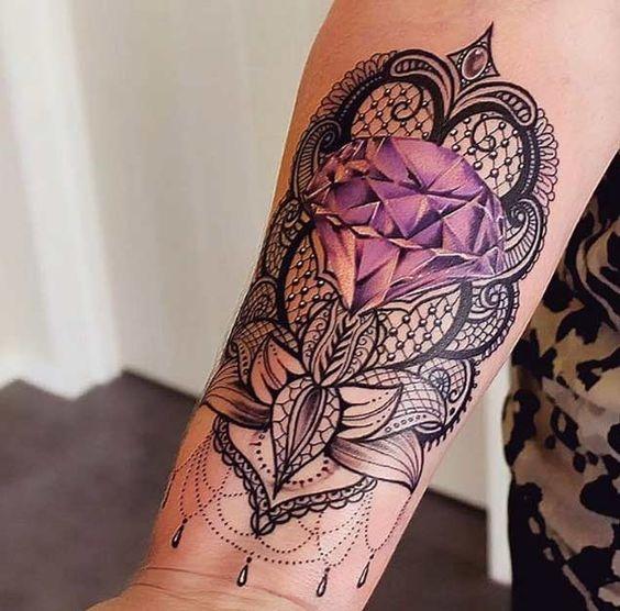 Womens Purple Gem And Black Art Tattoo Forearms
