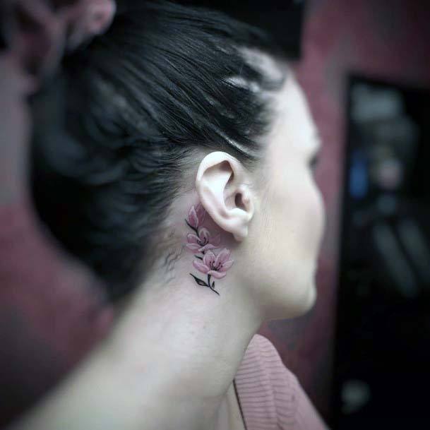 Womens Realistic Pink Flower Tattoo Behind The Ear