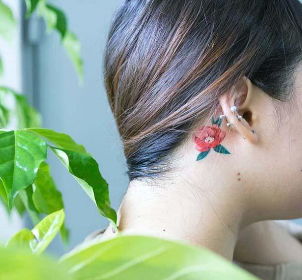 Womens Red Blossom Behind The Ear Tattoo