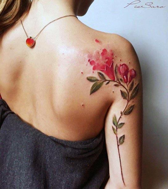 Womens Red Floral Tattoo Shoulder