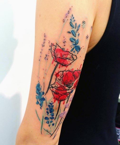 Womens Red Flower Watercolor Tattoo Forearms