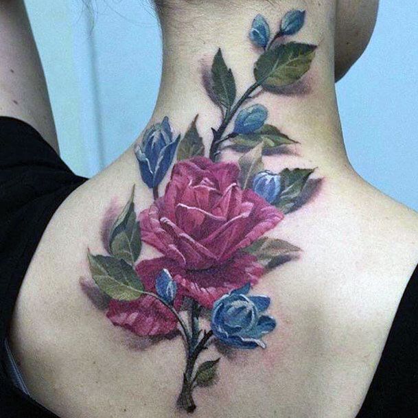 Womens Red Rose And Green Leaves Tattoo Spine