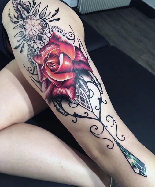 Womens Red Rose Leg Tattoos