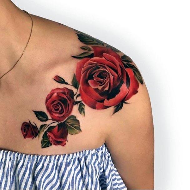 Womens Red Rose Shoulder Tattoo