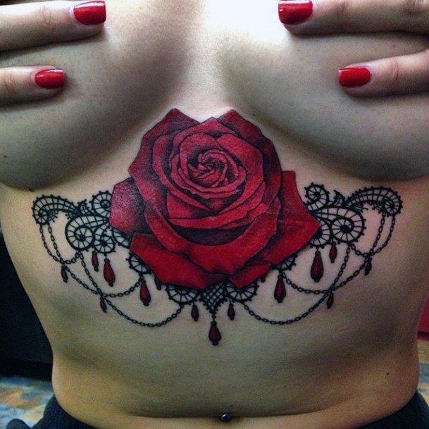 Womens Red Rose Underboob Tattoo