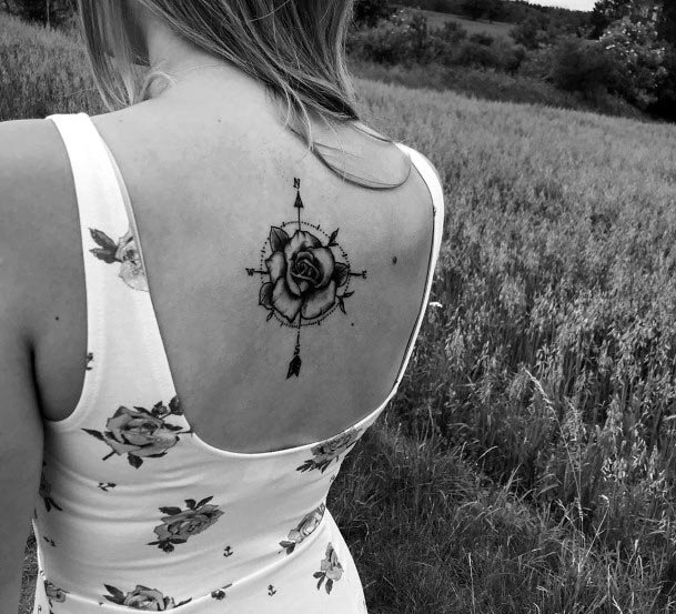 Womens Rose And Compass Tattoo Back