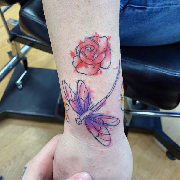 Womens Rose And Dragonfly Tattoo Wrist