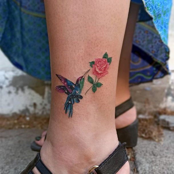 Womens Rose And Hummingbird Tattoo On Ankles