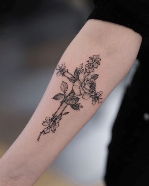 Womens Rose Blossom On Cross Tattoo Forearms