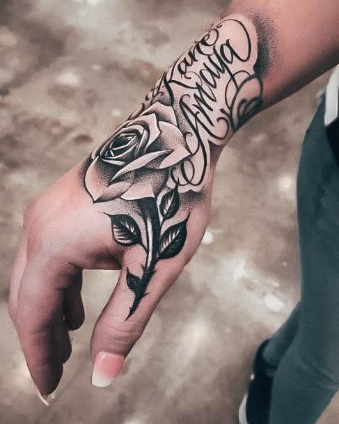 Womens Rose Hand Tattoo Design Ideas With Script Memorial Name