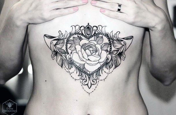 Womens Rose In Heart Tattoo Underboob